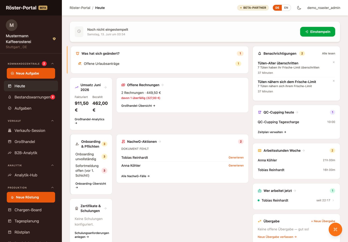 Today dashboard of the roaster portal with tasks, stock alerts and team widgets